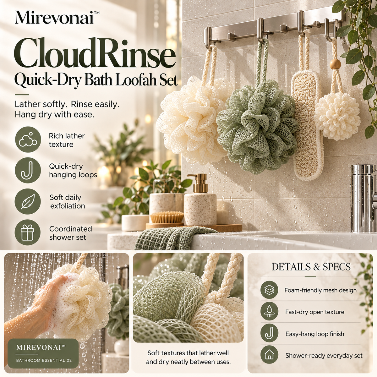Mirevonai™ CloudRinse Quick-Dry Bath Loofah Set