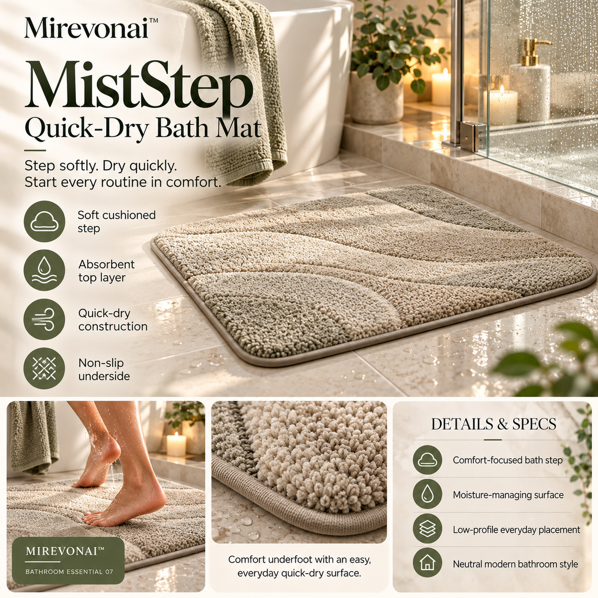 Mirevonai™ MistStep Quick-Dry Bath Mat